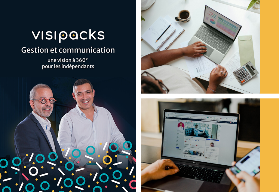 Composition 3 images, à gauche recto flyer visipacks avec François Régis CHABERT et Alexandre FRANCO. A droite en haut focus comlpta gestion, en bas focus com